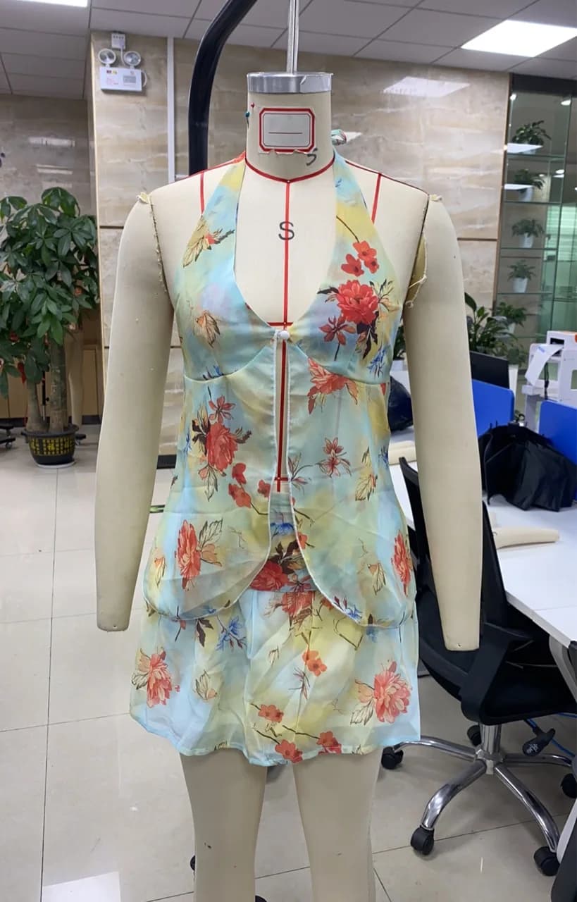Women Summer Flower Print Skirts Suit Halter Neck Tie-up Backless Split Crop Top and High Waist Skirt Set Party Clubwear