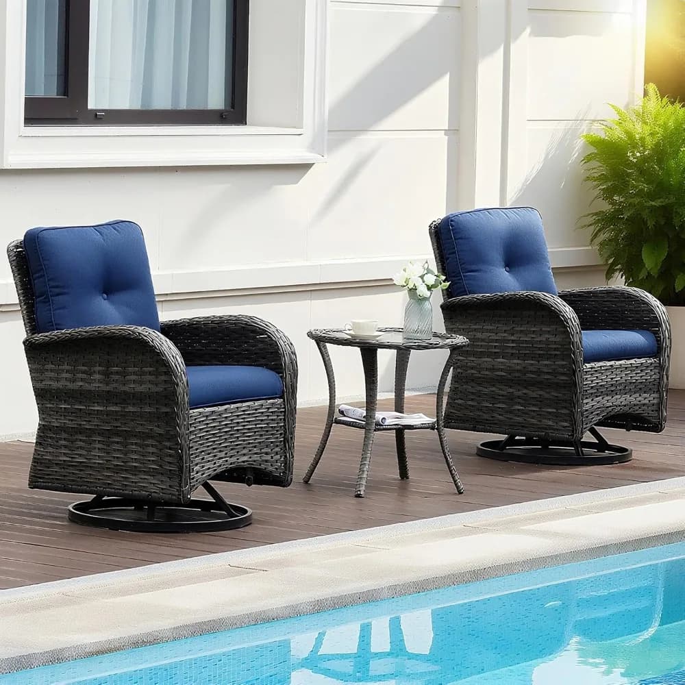 Set di sedie da patio a dondolo girevoli in vimini PE di lusso in 3 pezzi con cuscini preminosi e tavolo in vetro ondulato, bistrot da esterno per tutte le stagioni