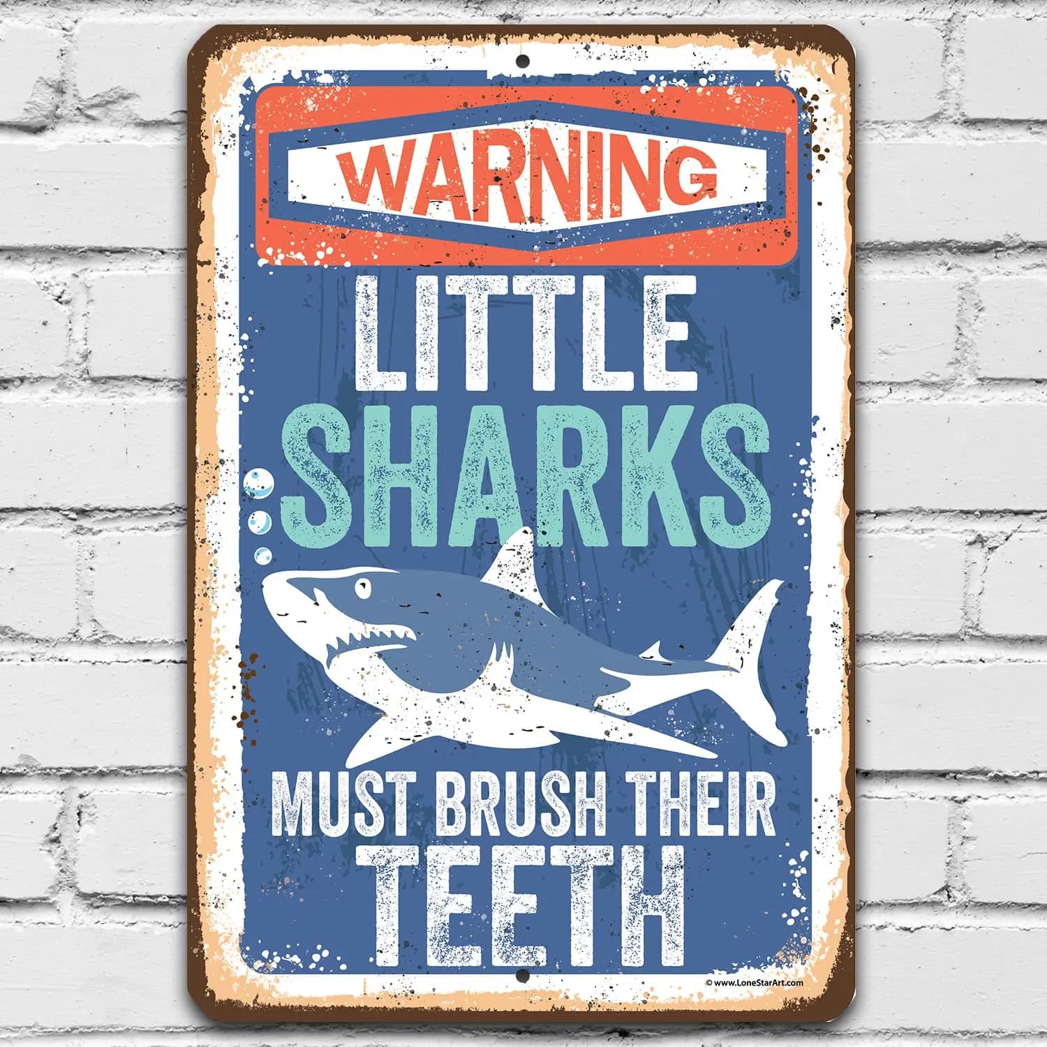 Little Sharks Brush Teeth - Great Bathroom Decor for Kids, Restroom and Toilet Home Display, Shark Wall Art for Baby Boys C sign