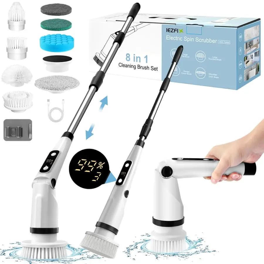 Spazzola Elettrica Rotante, Spazzola per Pulizia Bagno e Doccia, per Vasca, Piastrelle, Pavimento, WC, Cucina, 8 Spazzole per Pulizia