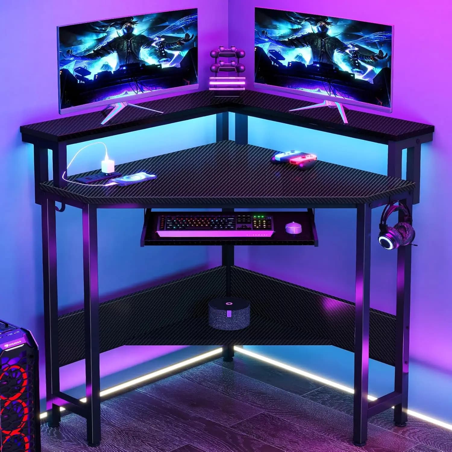 Scrivania Conner per Ufficio Domestico, Scrivania per Computer per Piccoli Spazi con Luci LED, Tavolo da Gaming con Ripiani Portaoggetti e Prese di Corrente, Supporto Monitor
