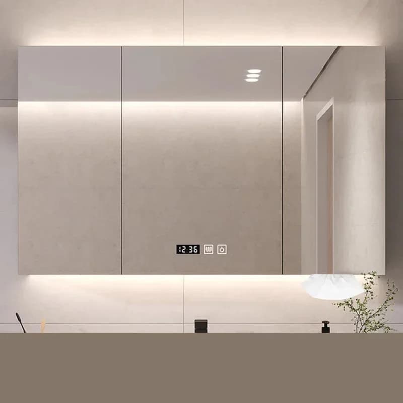 Armadietto da bagno nordico intelligente con specchio a parete, luce a specchio, rimozione della nebbia, in legno massello, con ripiano, mobili da bagno FYBC