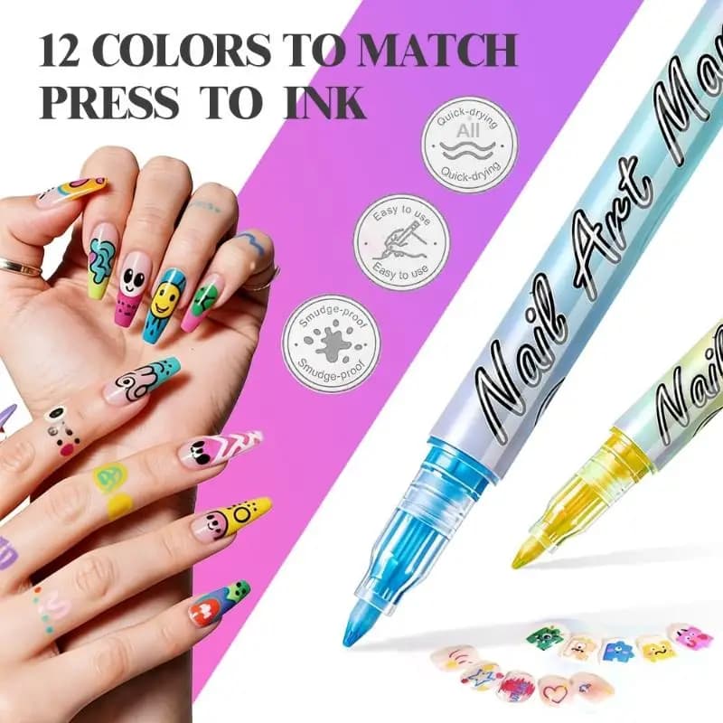 Set di 12 Penne Colorate Impermeabili per Nail Art, Strumento per Disegno 3D e Decorazione Unghie