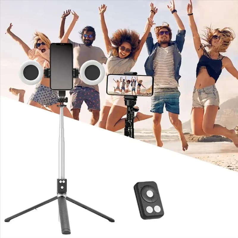 Treppiede per selfie stick da 67 pollici di altezza con treppiede per telefono portatile leggero e remoto wireless per supporto per telefono cellulare da viaggio rosa