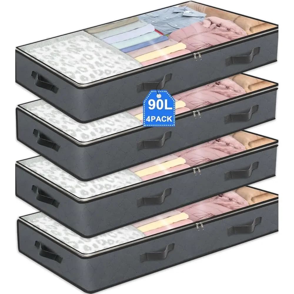 Set di 4 Contenitori Pieghevoli da 90L per Sotto il Letto, Ideali per Organizzare Vestiti, Coperte, Asciugamani e Lenzuola
