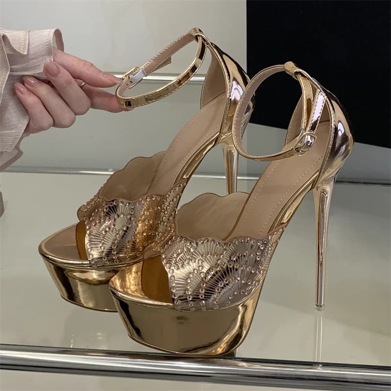 Eilyken Street Style Crystal Buckle Strap Platform Women Sandals Sexy Super Stiletto High Heels Stripper Party Shoes