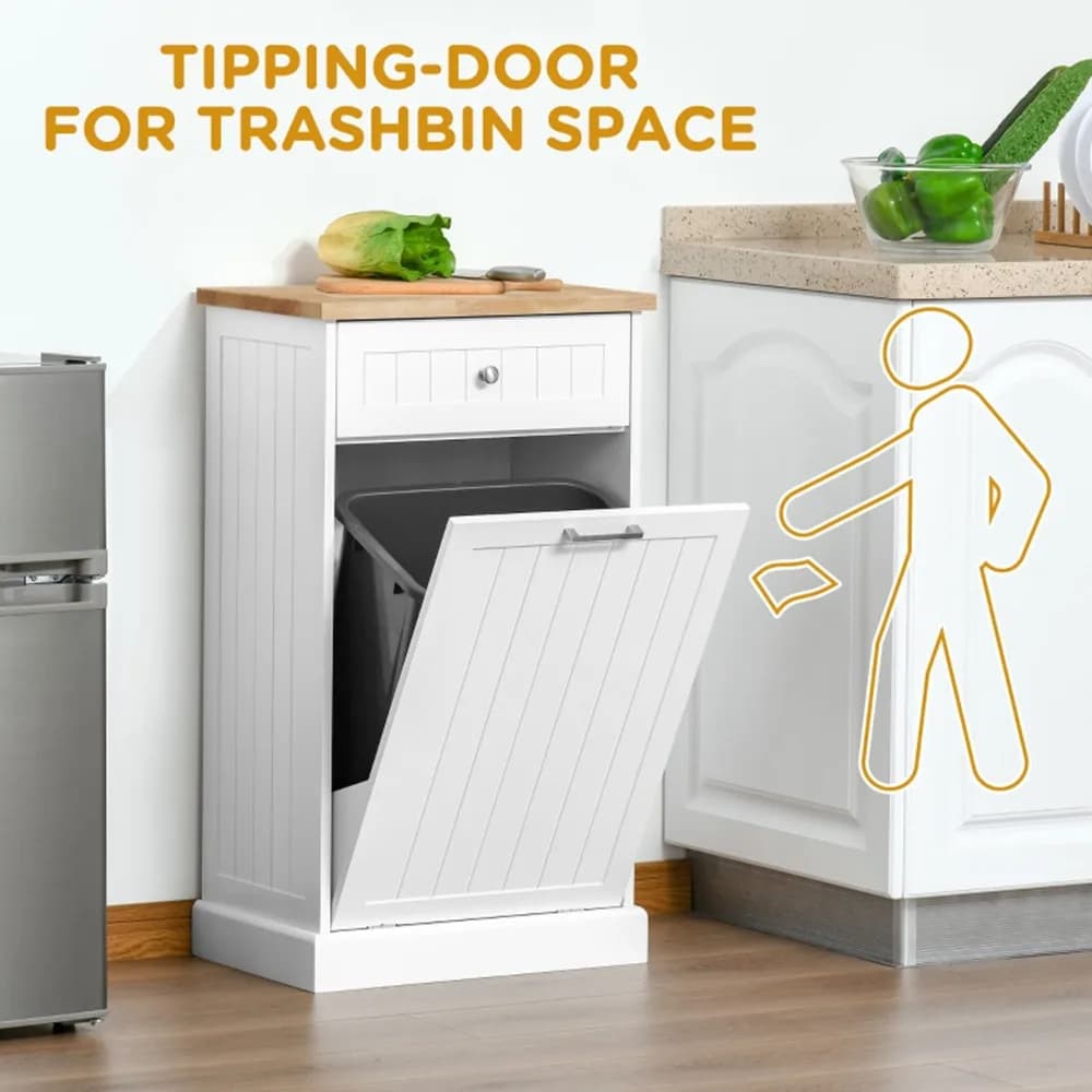Tilt-Out Kitchen Trash Can Cabinet, Freestanding Recycling Storage Cabinet with Drawer & Garbage Can Bracket, Multifunctional Waste Bin Holder, Hidden Design Space-Saving Organizer, Sturdy Storage Furniture for Kitchen, Living Room, Home Indoor Waste Sort