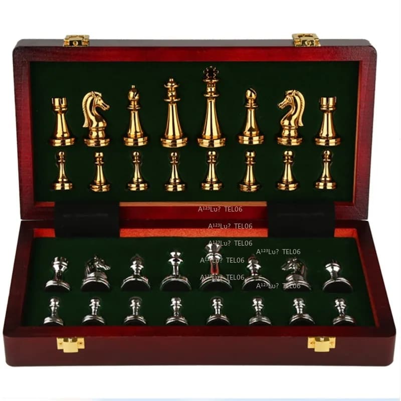 Premium Metal Chess Pieces Wooden Board Vintage European Ornamental Set Chess Gift Box