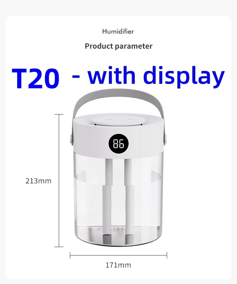 Umidificatore Piccolo per Camera da Letto / Umidificatore da Tavolo con Display / Senza Display / Personale / Umidificatore Silenzioso con Luce LED per Camera da Letto e Ufficio