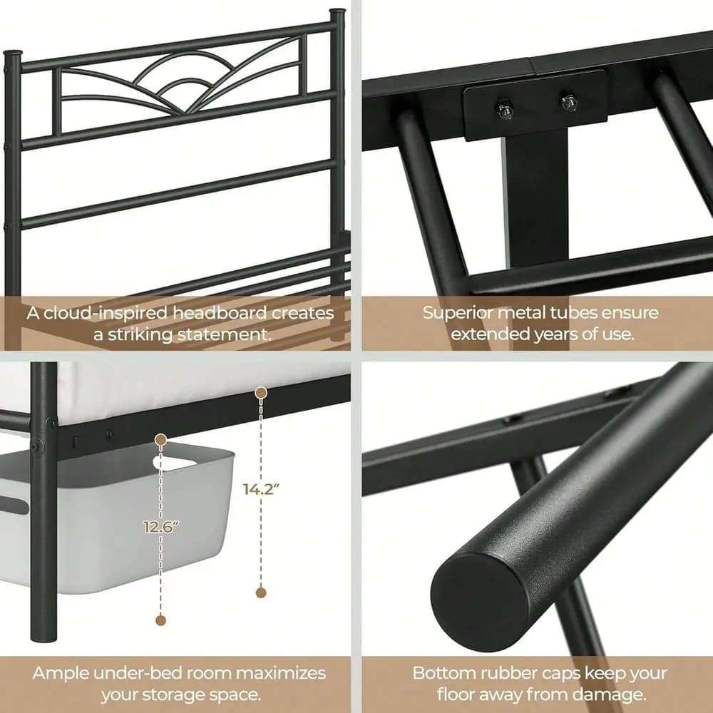 Base letto in metallo con design CloudInspired, testiera e pediera, ampio spazio contenitivo sotto il letto, senza funzioni aggiuntive