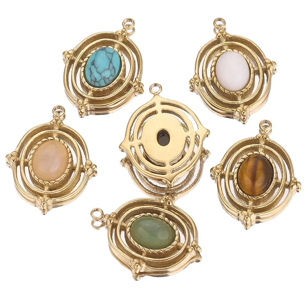 4pcs Lot Stainless Steel Plated Gold Boho Vintage Oval Earring Charms Tiger's Eye Natural Stone Pendants for DIY Jewelry Making