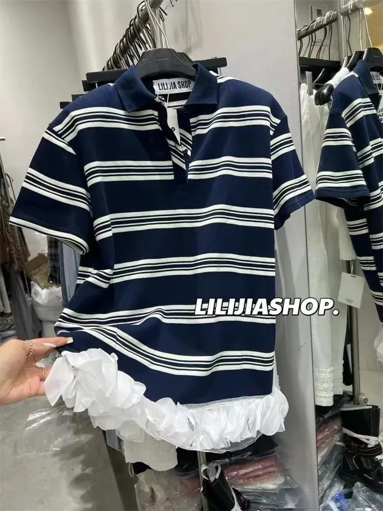 Korean Style Polka Dot Short Sleeve Neck Dress Women Summer plus Size Fashionable Lace Splicing Midi Dress A-Line Skirt
