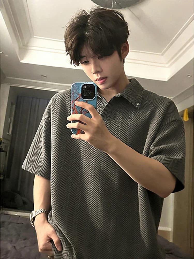 Gray American Style Shirt Short Sleeve Men's Summer Fishbone Striped Turn-down Collar T-shirt Proper Shoulder Half Sleeve