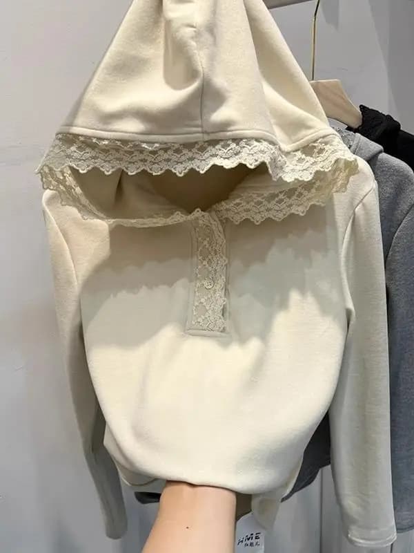 Lace Trim Hoodie Long Sleeve T-Shirt Women's Fleece Sweatshirt Trendy Top Commute Style Korean Version Standard Fit