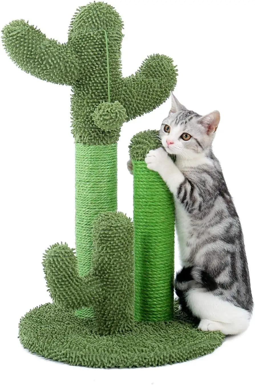 Tiragraffi per Gatti a Forma di Cactus con 3 Pali e Pallina Pendente - Medio 23 Pollici