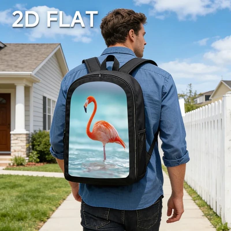 Lightweight and robust black backpack with flamingo design, perfect for travel and as a caring gift, with adjustable straps.