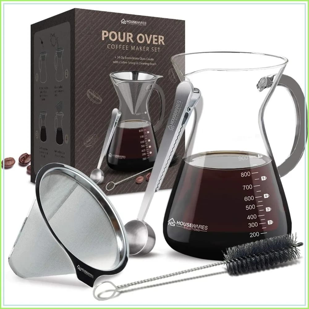 34 oz Pour Over Coffee Maker Set, Borosilicate Glass Carafe, Double-Layer Stainless Steel Dripper, Reusable Filter, Scoop & Brush
