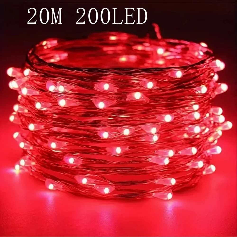 Fata da 20 m 200 LED alimentata a batteria AA, luce in filo di rame rosso, adatta per camera da letto, Natale, decorazioni per feste