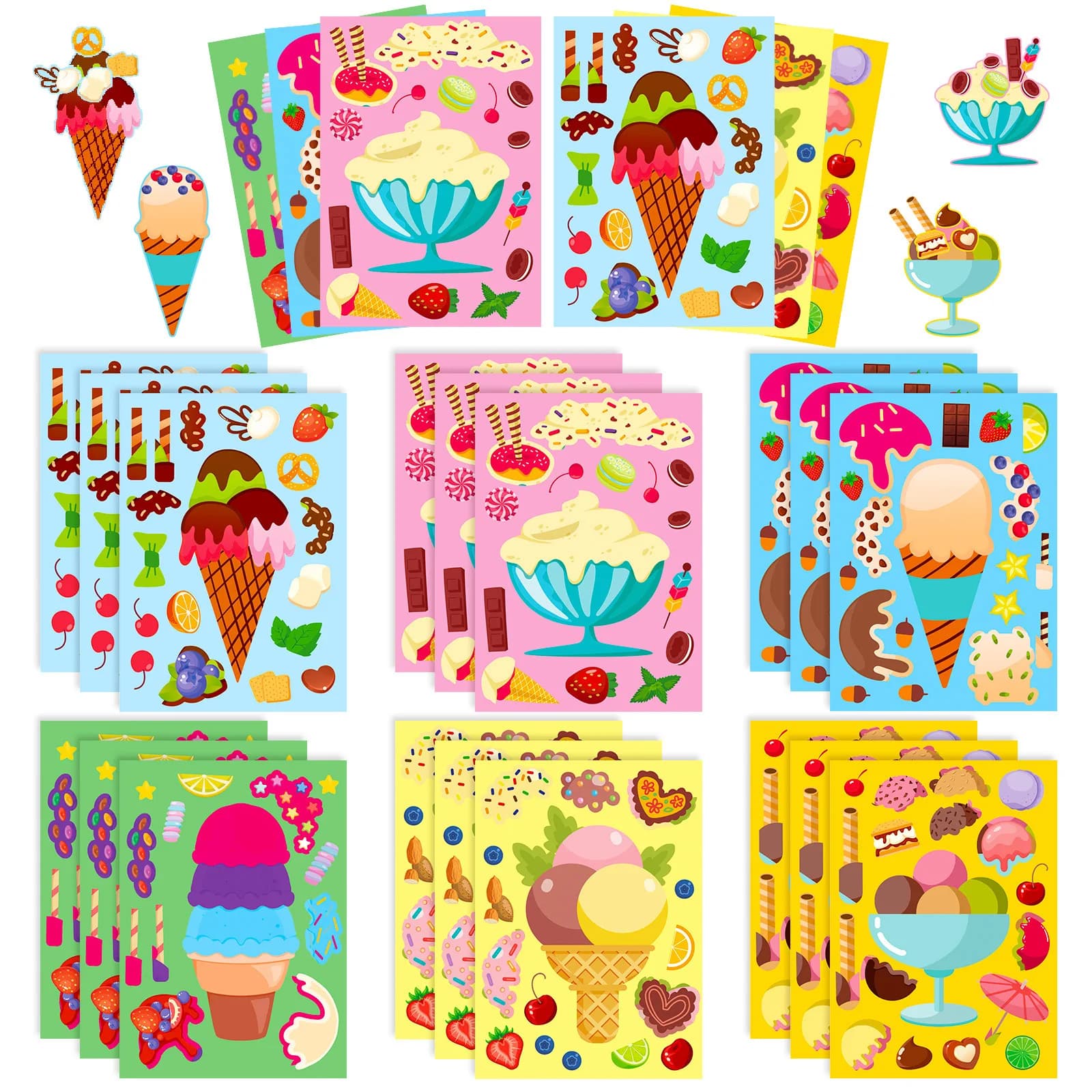 8/16 Fogli di Adesivi Creativi per Bambini con Disegni di Gelati e Dessert, Puzzle Cartoon Carini