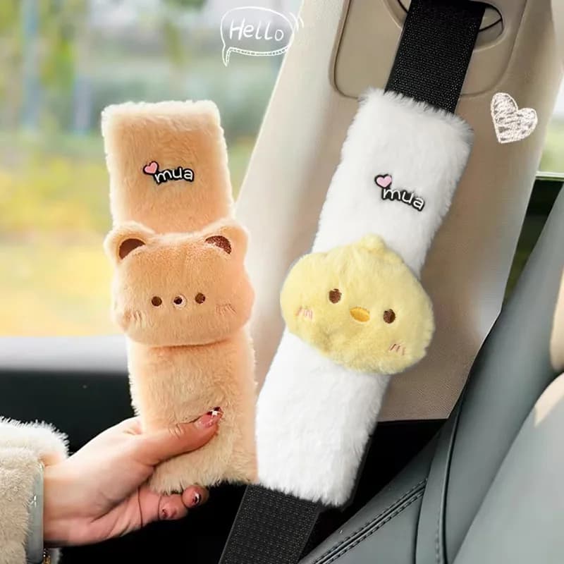 1/2pcs Cute Cartoon Chick Bear Car Seat Belt Cover Faux Rabbit Fur Auto Seatbelt Safety Shoulder Pad Soft Plush Protector