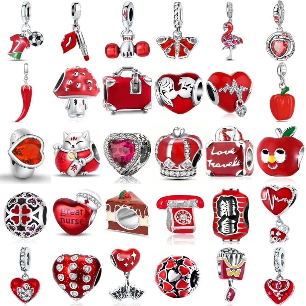 New Red Series DIY Jewelry Lipstick Pendant Love Heart Beads Dumbbell Rose Charms Fit Original Bracelets Necklace Accessories