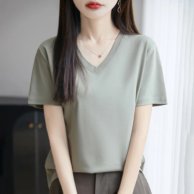 T-shirt Estiva 2026 Nuova in Puro Cotone con Scollo a V e Maniche Corte, Maglia Pullover da Donna a Tinta Unita con Orlo Morbido e Maniche Ampie