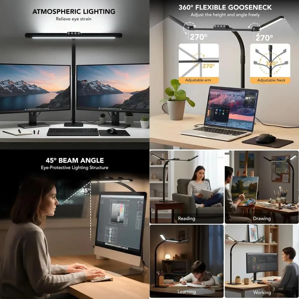 Adjustable Desk Lamp with Flexible Arm, Base and 28.2 cm Orientable Arm, Ultra Bright, Dimmable for Home, Office, Reading and Studio