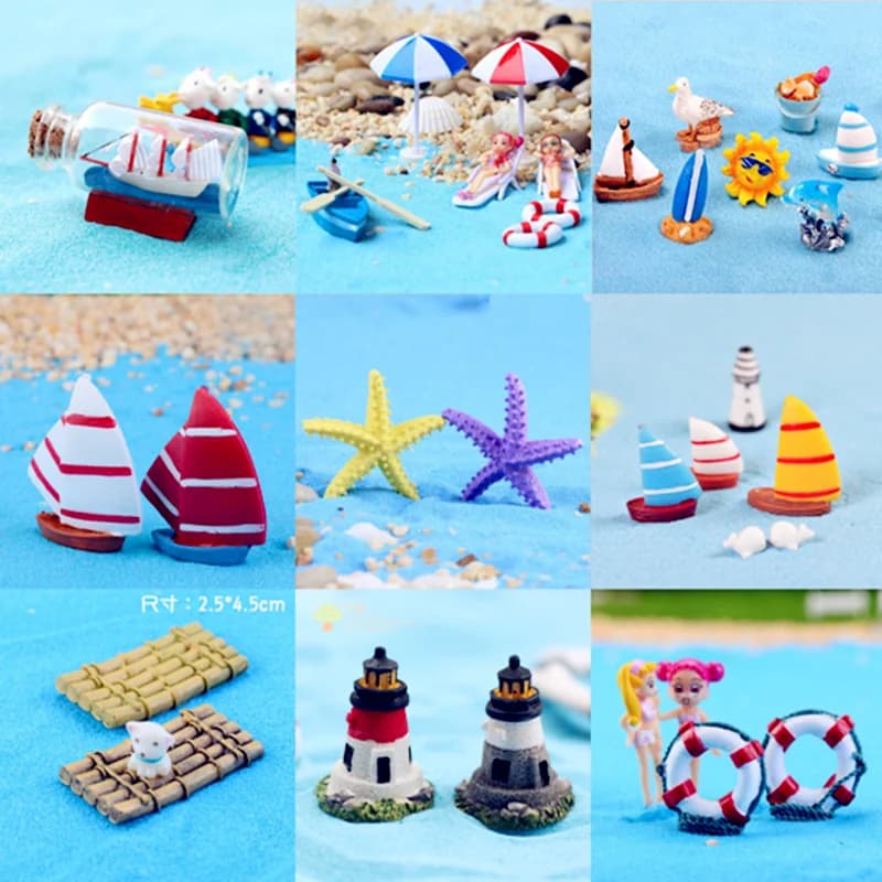 Modello di simulazione in miniatura Carino Beachside beach Figurine piccolo barca ombrellone ancora bambola Action Figures Giocattoli per bambini Decorazioni per la casa