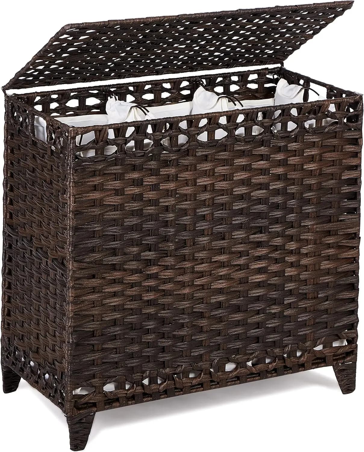 Basket with 3 removable bags; Bookcase basket in Rattan 132L Hand braided with Lid and raised Feet; Basket with whiteware