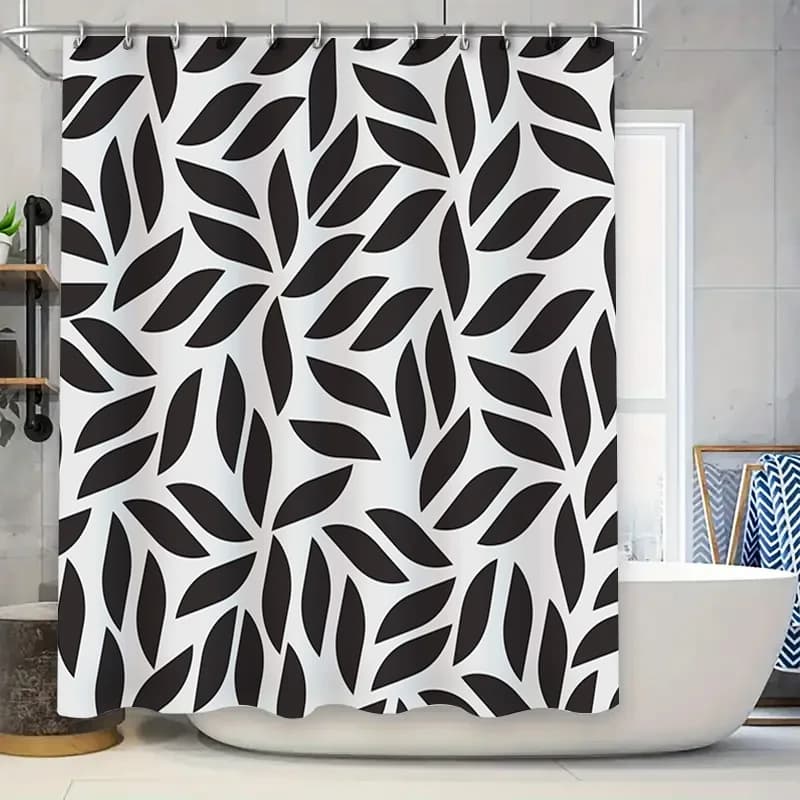 Tenda da doccia con stampa foglie bianche nere Decorazione da bagno impermeabile Decorazione per la casa