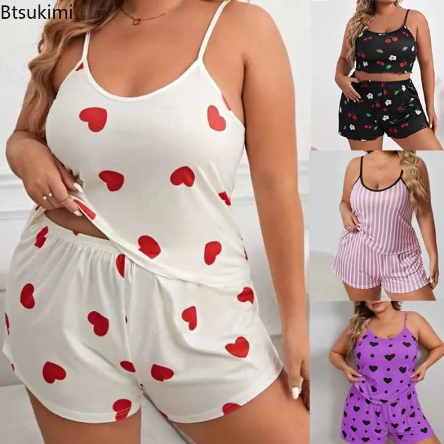 Pigiama Estivo da Donna 2026 con Stampa Cuori, Set 2 Pezzi Senza Maniche e Pantaloncini con Elastico in Vita, Abbigliamento da Notte Femminile Taglie Forti XL-5XL