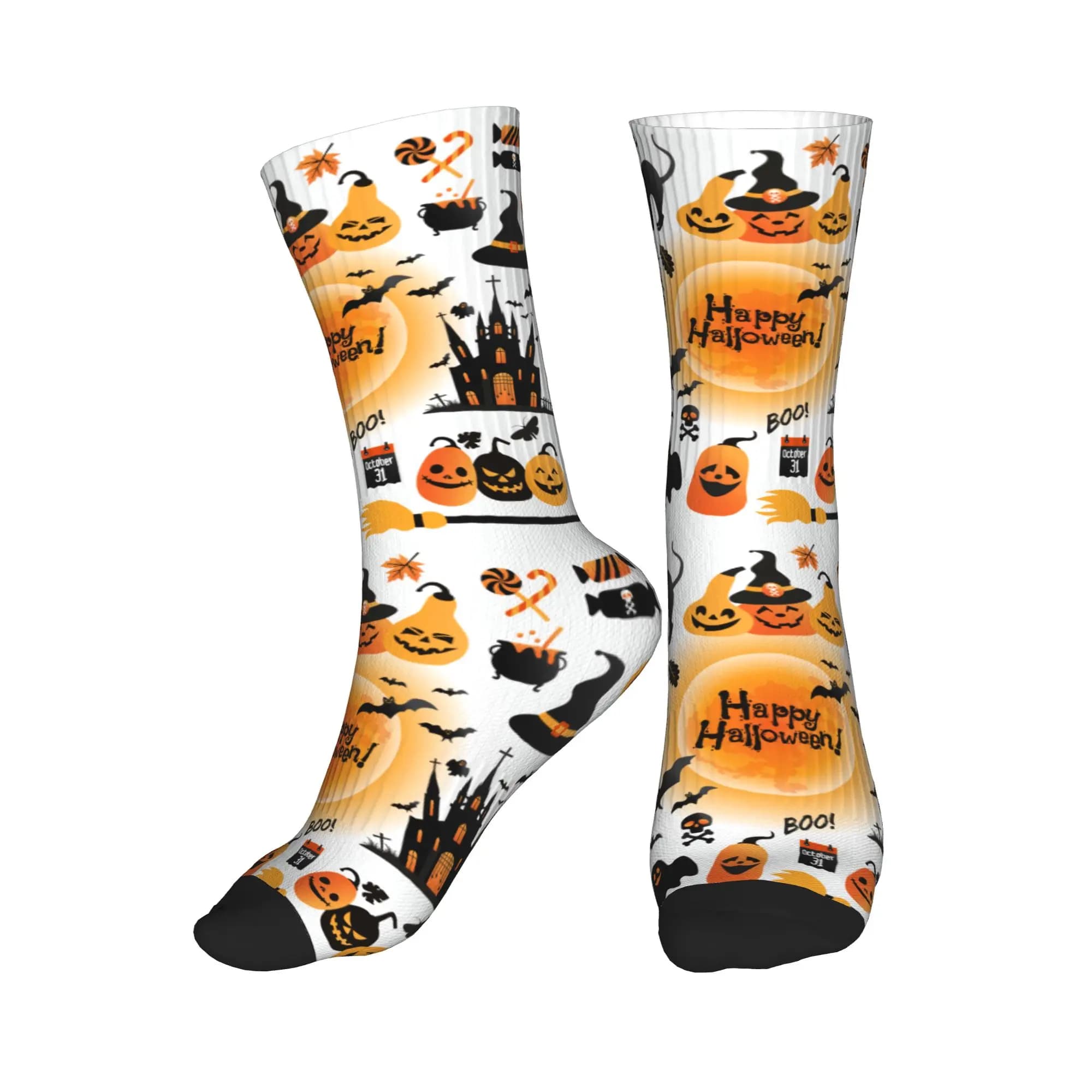 Calzini Unisex con Stampa 3D di Halloween: Zucca Arancione, Fantasma, Gatto Nero, Castello, Pipistrello, Albero Morto, Luna Piena