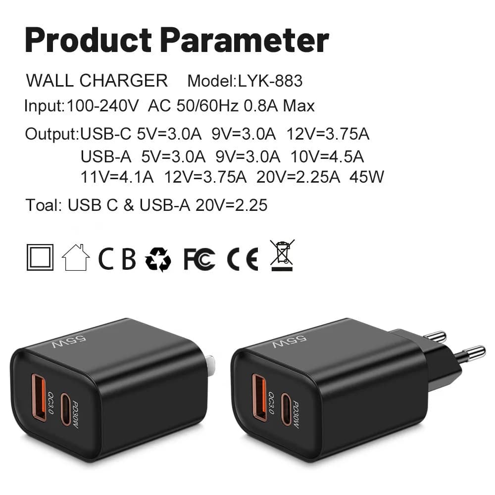 Caricatore Rapido 55W con 2 Porte USB C PD30W QC3.0, Adattatore da Muro con Spina EU per Ricarica Veloce di iPhone, Samsung, Xiaomi, Huawei