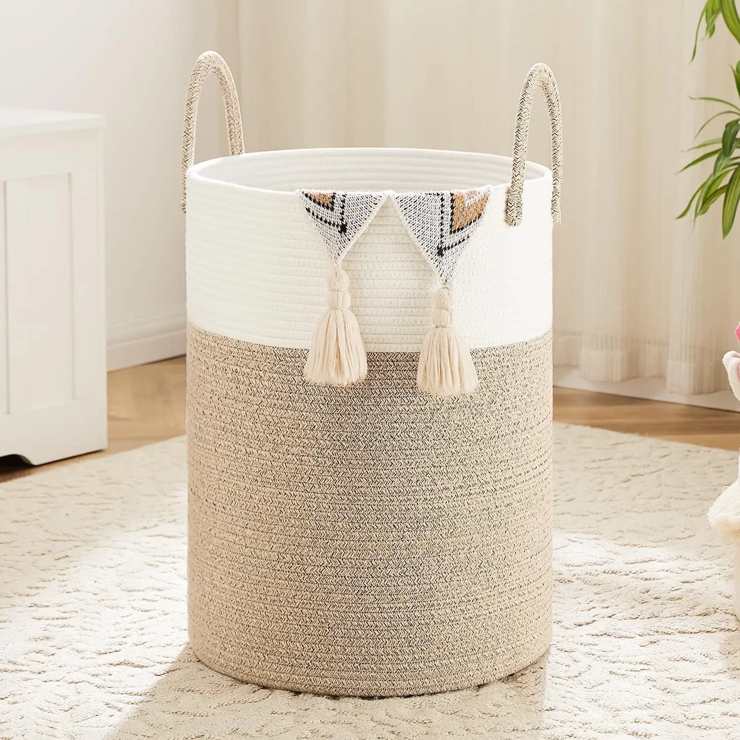 Laundry Basket,Woven Cotton Rope Laundry Hamper,60L for Decor Storage of Dirty Clothes,Toys and Blankets in Bathroom,Baby Room a