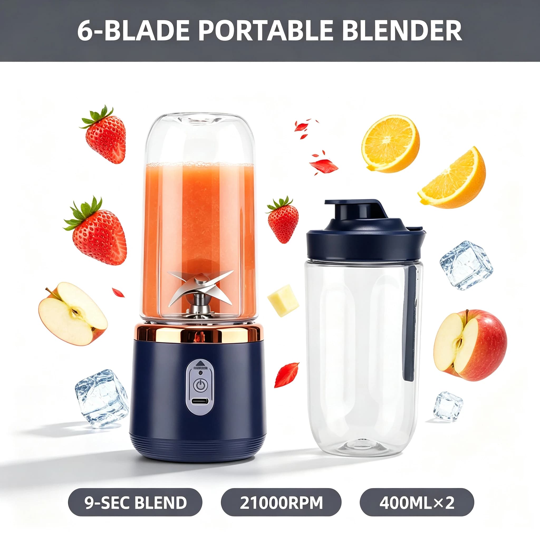 Portable Blender USB Rechargeable Juicer Cup 400ml 6 Blade 21000RPM 40W Smoothie Maker for Travel Home Office Gym