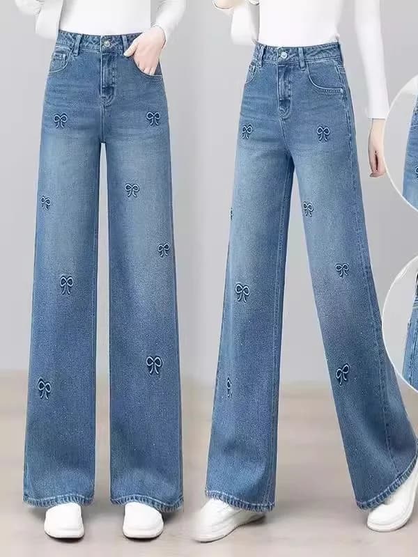 Embroidered Rhinestone Women's Jeans Spring Summer Small Size Loose Slimming Drapey Straight Leg Wide Leg Pants
