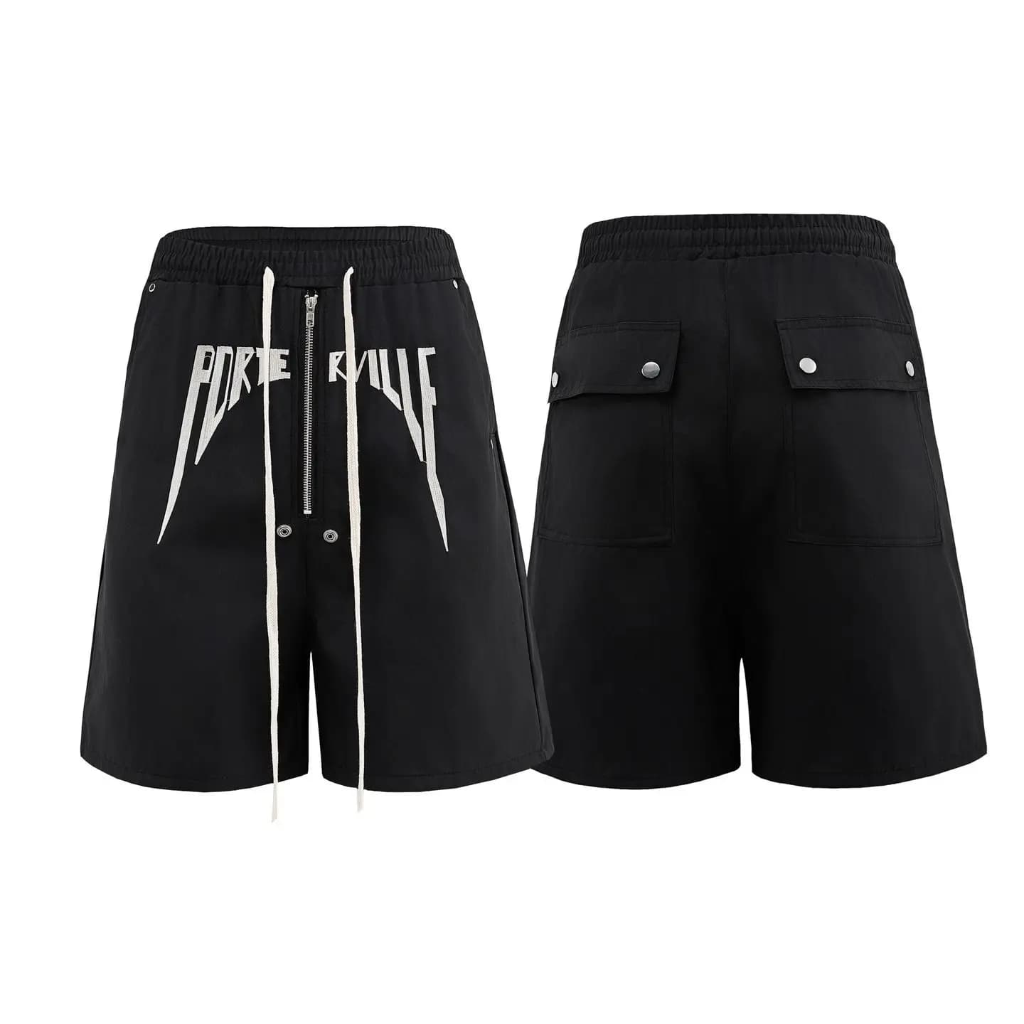 Loose Fit Bermuda Shorts for Men Wide Leg Elastic Waist Embroidered Rivet Eyelet Casual Hip Hop Streetwear Bottoms