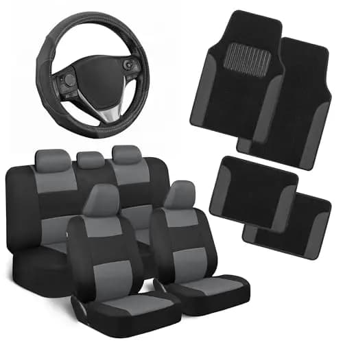 Kit Universale Bicolore Grigio per Interni Auto: 4 Coprisedili, Tappetini con Protezione Tallone, Coprivolante per Berlina SUV Furgone