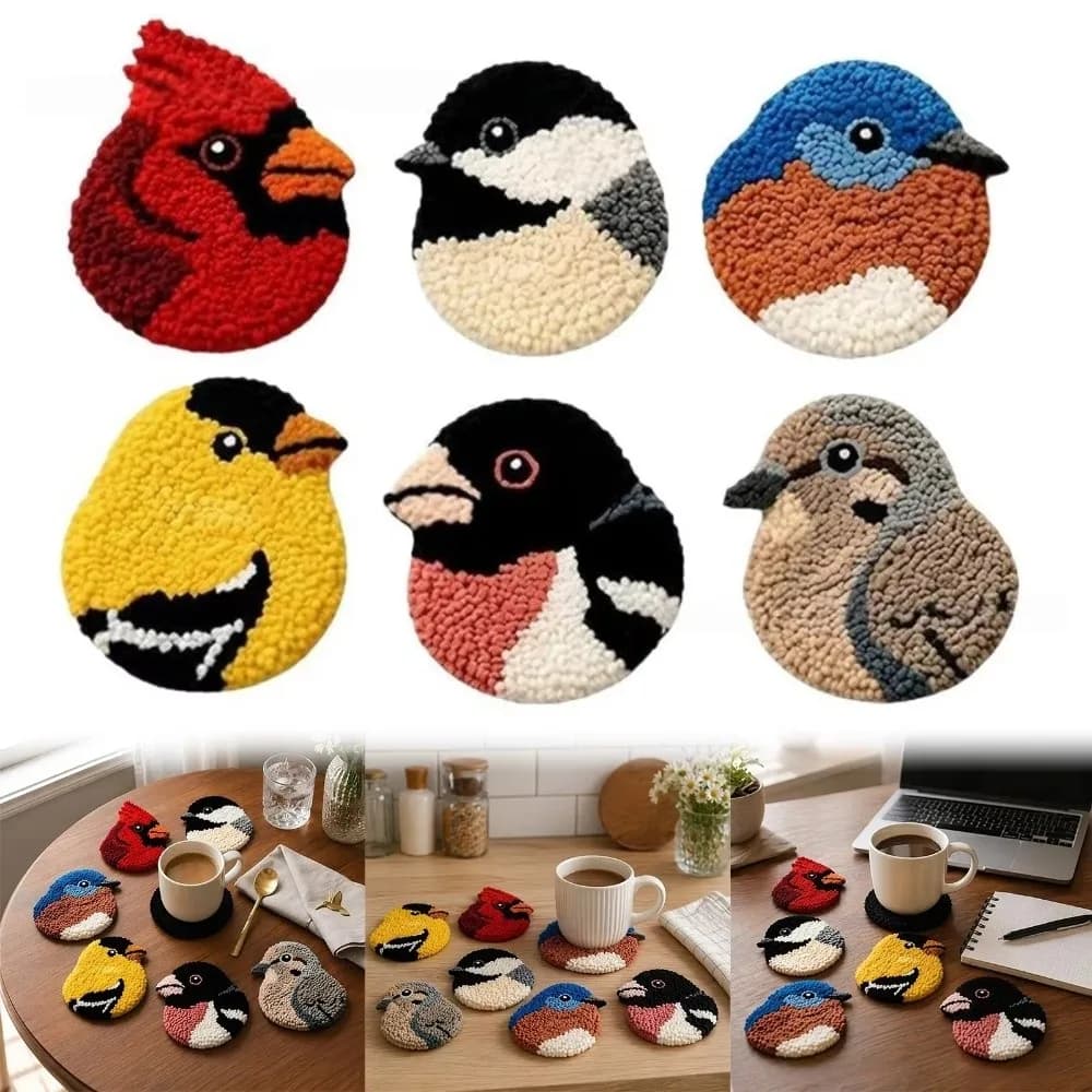 DIY Bird Design Bird Coasters Punch Needle Kit Handmade Stress Relief Embroidery Coaster Kit Soft Bird Coaster Kit Home Decor