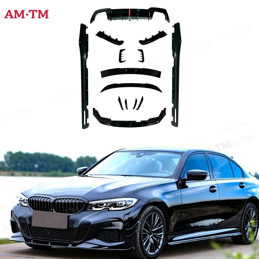 For BMW Series 3 G20 G28 2020-2022: Complete black glossy body kit with bumper spoiler, diffuser, side miniskirts, rear wings and canard.