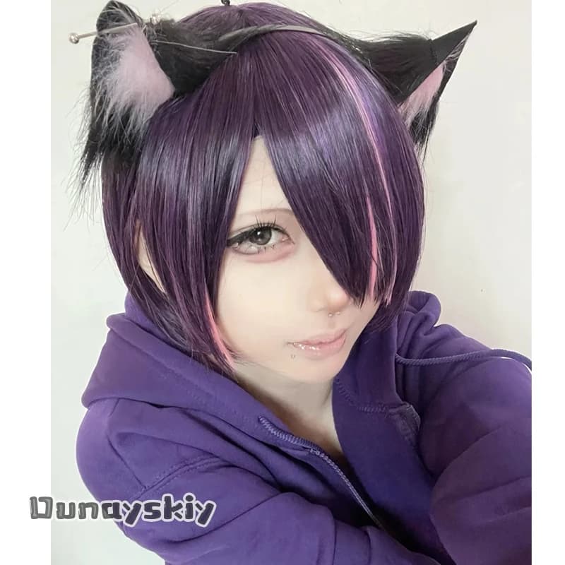 CR7.24*Chainsmoker Cat Yani Neko Hame Neko Cosplay Wig Dark Purple Highlight Hair Ears Anime Character Hair Halloween Party