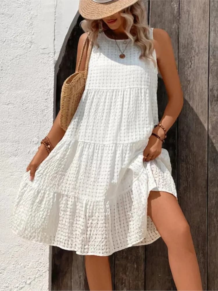 Abito estivo da donna alla moda con scollo a O senza maniche, nuovo elegante abito casual tinta unita per ufficio, vacanze, feste, per donna, Robe Femme