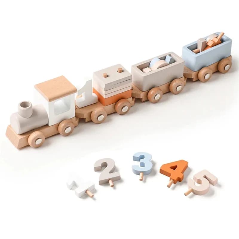TOPMAYA Treno in legno Giocattolo di compleanno Giocattoli educativi Montessori Carrello in legno Numeri e blocchi di apprendimento per bambini Gioco di giocattoli in legno