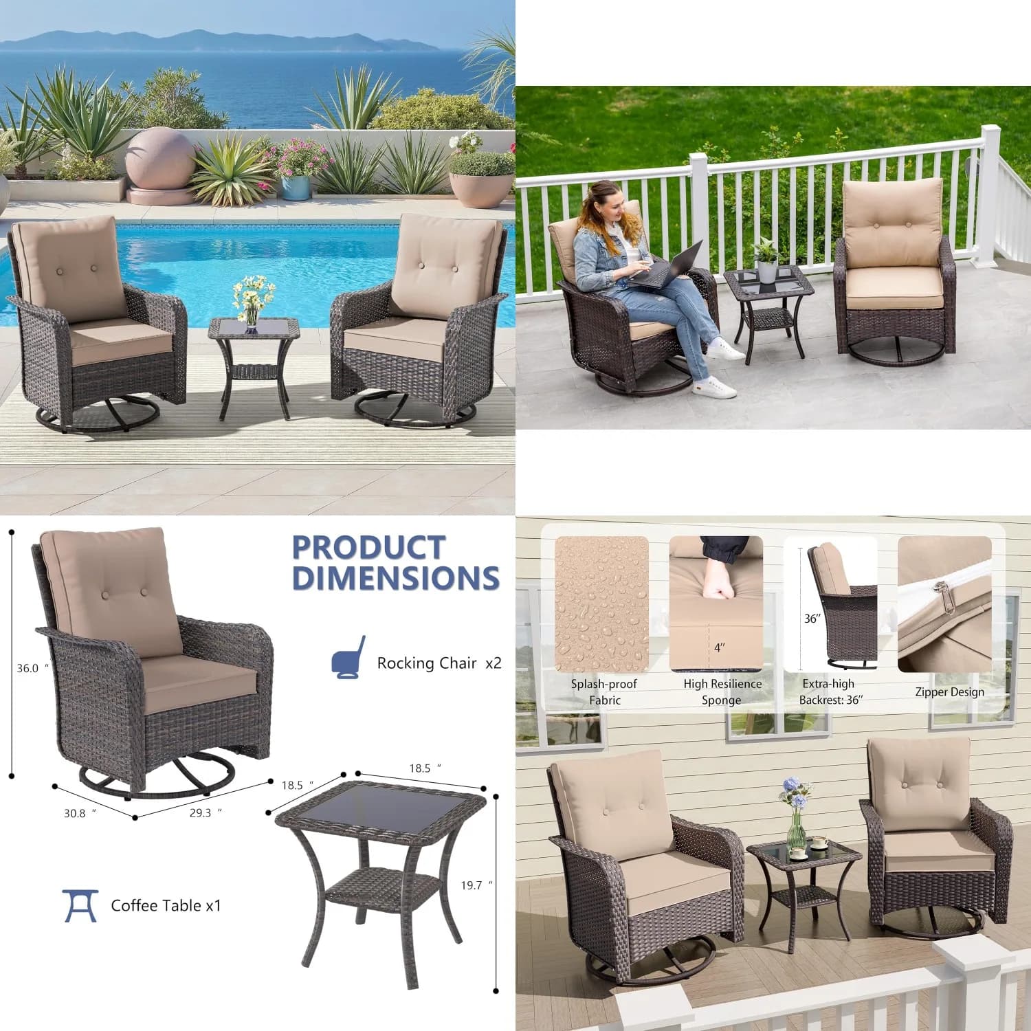 Set di 3 Sedie da Patio in Vimini con Funzione Girevole e Basculante, Cuscini Spessi 4 Pollici e Schienale Alto, Set Girevole in Rattan, Personalizzabile