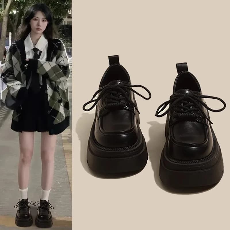 Scarpe in Pelle Stile Britannico da Donna, Nuova Collezione Autunno-Inverno 2026, Platform Rialzato, Nere con Lacci, Modello Mary Jane