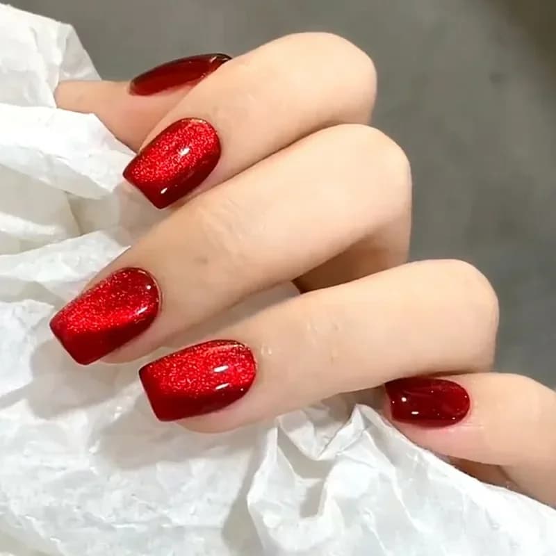 24 Pcs Fingernails Cat Eye Fake Nails with Full Set Tools Short Purple Simpler Red Blue Pink Girls Square Ballet Press on Nails