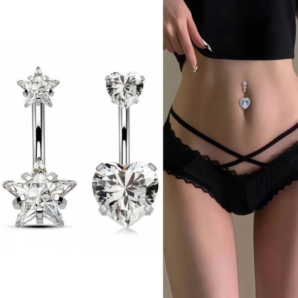 Heart Round Double Head Zircon Stainless Steel Belly Button Rings for Women Belly Ring Beach Bikini Navel Piercing Body Jewelry