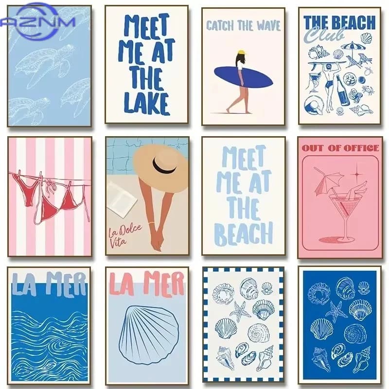Seashells Meet Me At The Beach Poster Summer Bikini Coastal La Dolce Vita Canvas Painting Trendy Wall Art Room Home Decor