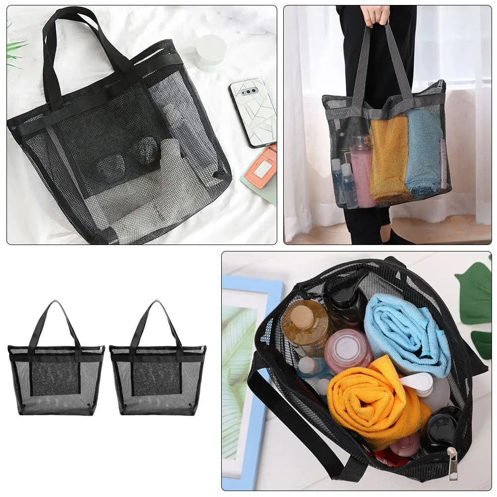 Borsa da spiaggia in rete da 2 pezzi, fondo rinforzato, ampia apertura, borsa da viaggio leggera per cosmetici e articoli essenziali per la piscina e la spiaggia