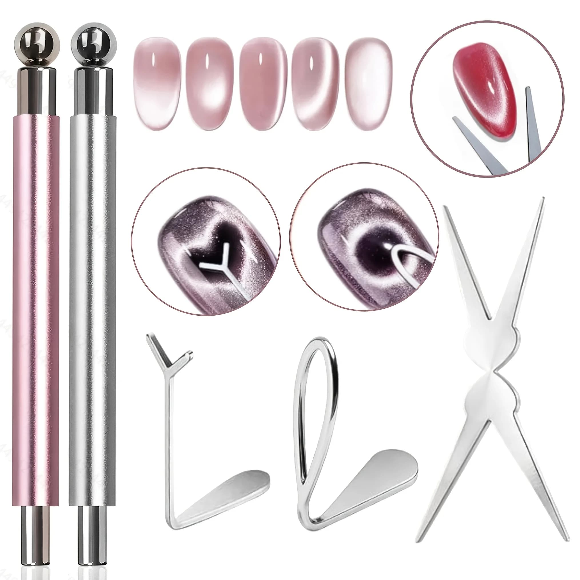5Pcs Cat Eye French Nail Magnet Tool Set Magnetic Pen & Y-Shaped Heart Stands for UV Gel Polish Art Salon & DIY Use
